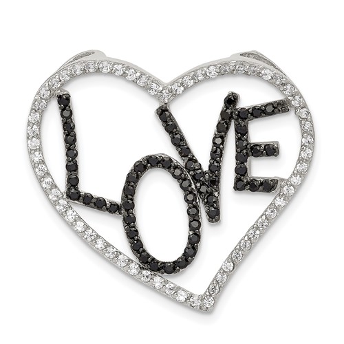 Sterling Silver Black White Rhodium-plated CZ Love in Heart Chain Slide