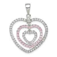 Sterling Silver Rhodium-plated Polished Pink White CZ Hearts Pendant view 1