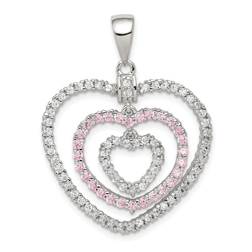 Sterling Silver Rhodium-plated Polished Pink White CZ Hearts Pendant