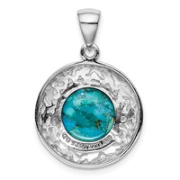 Sterling Silver Rhodium-plated Round Reconstituted Turquoise Cabochon in Filigree Frame Pendant view 4