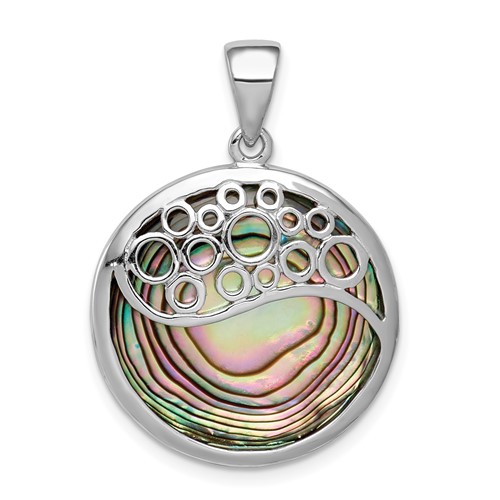 Sterling Silver Rhodium-plated Round Abalone Pendant with Circle Filigree