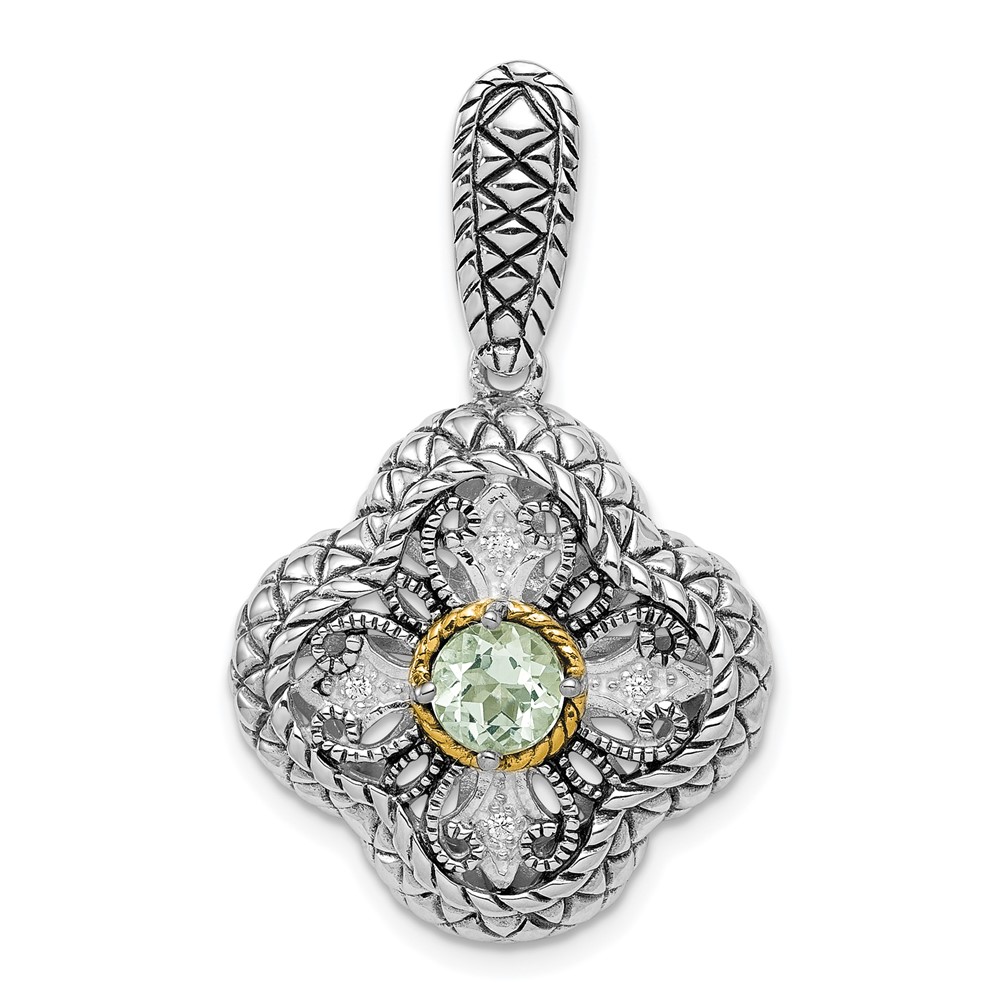 Sterling Silver Rhod. Pendant with 14K Gold Accent Qrtz & CZ Filigree Clover