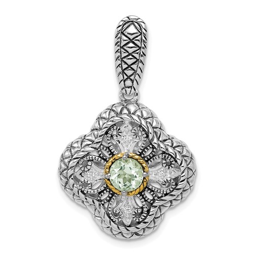 Sterling Silver Rhod. Pendant with 14K Gold Accent Qrtz & CZ Filigree Clover