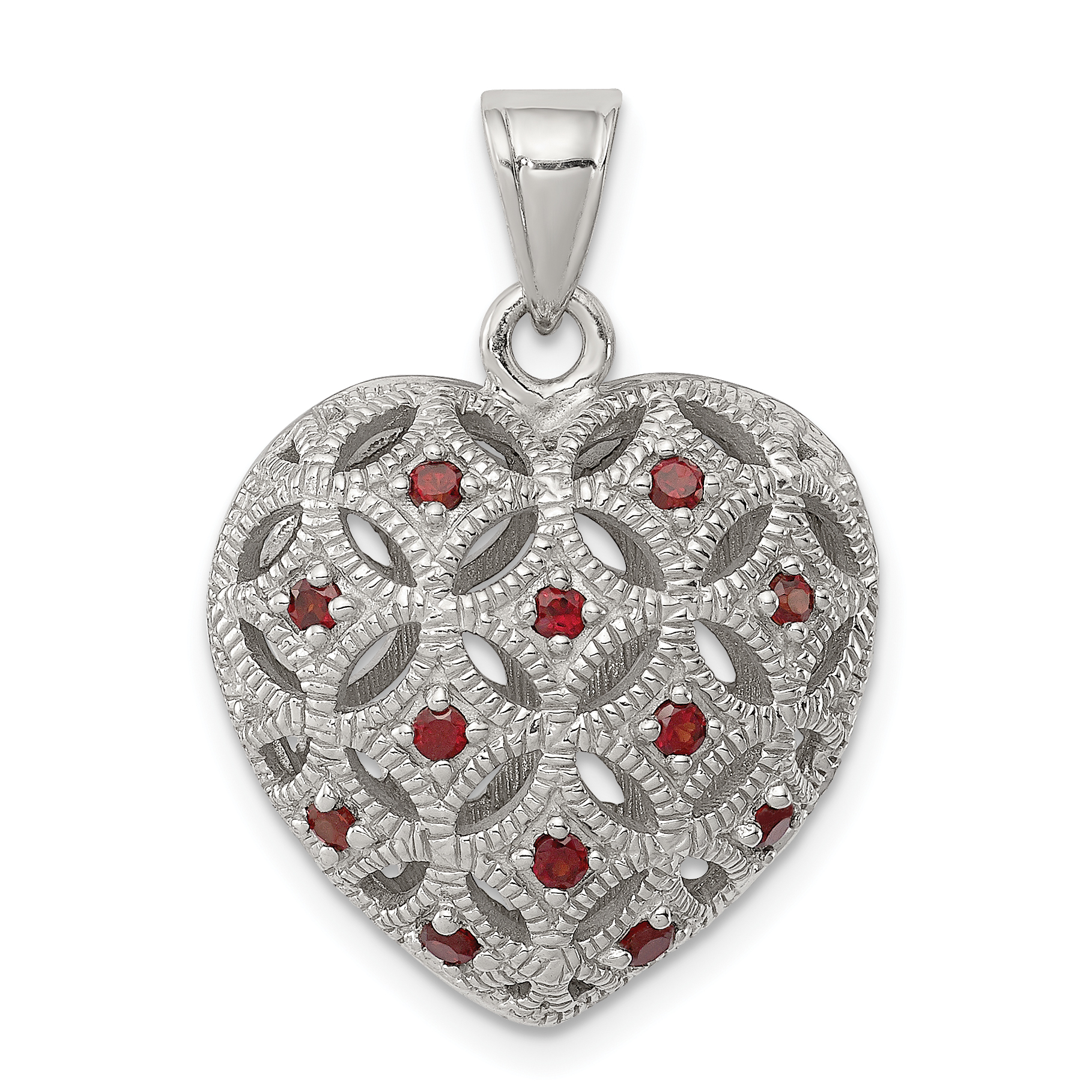 Sterling Silver Rhodium-plated w/Garnet Heart Pendant (QP4543GA)