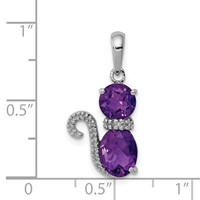 Sterling Silver Rhodium-plated Amethyst and Diamond Cat Pendant view 3