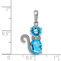 Sterling Silver Rhodium-plated Blue Topaz and Diamond Cat Pendant view 3