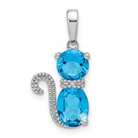 Sterling Silver Rhodium-plated Blue Topaz and Diamond Cat Pendant view 1