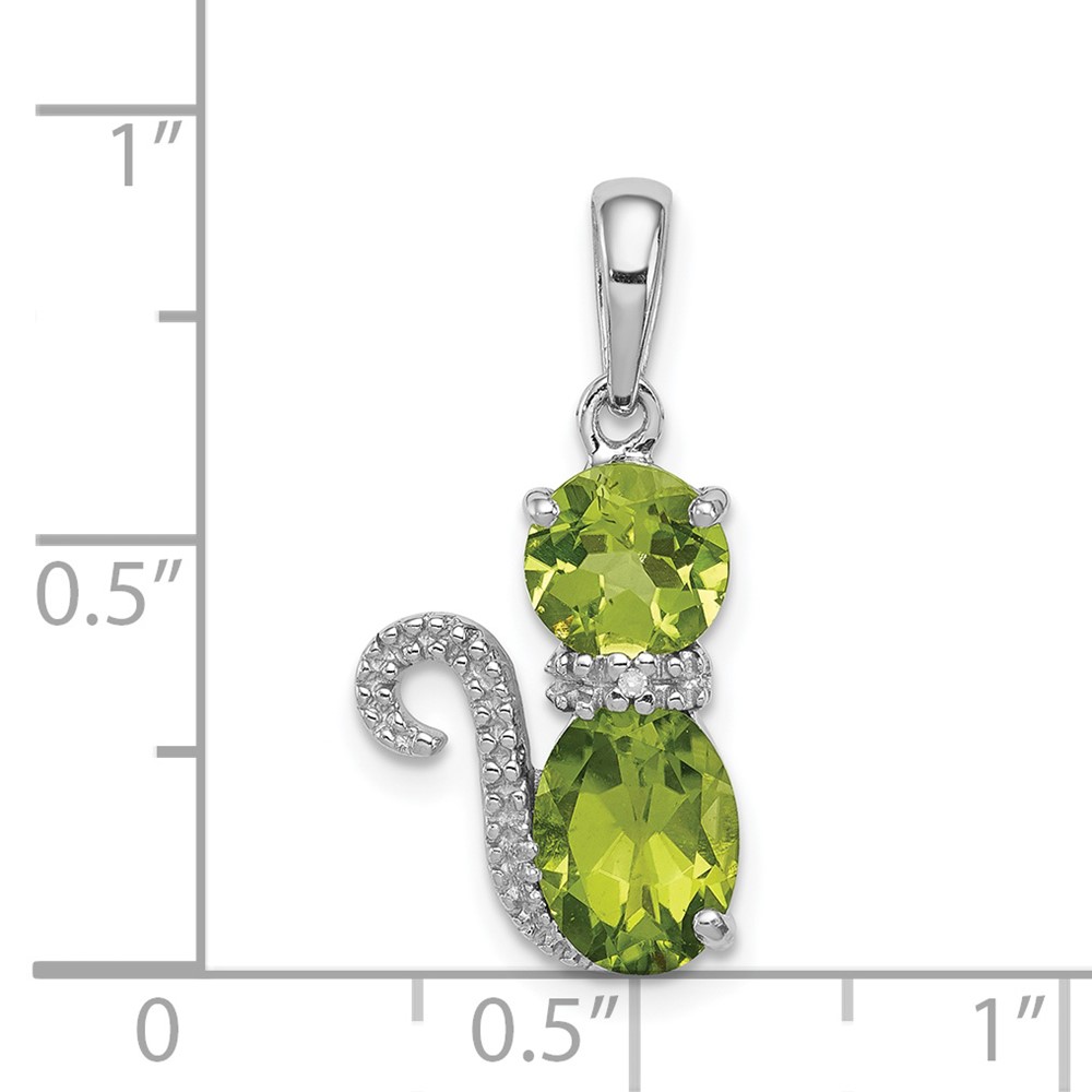 Sterling Silver Rhodium-plated Peridot and Diamond Cat Pendant (QP4551PE)