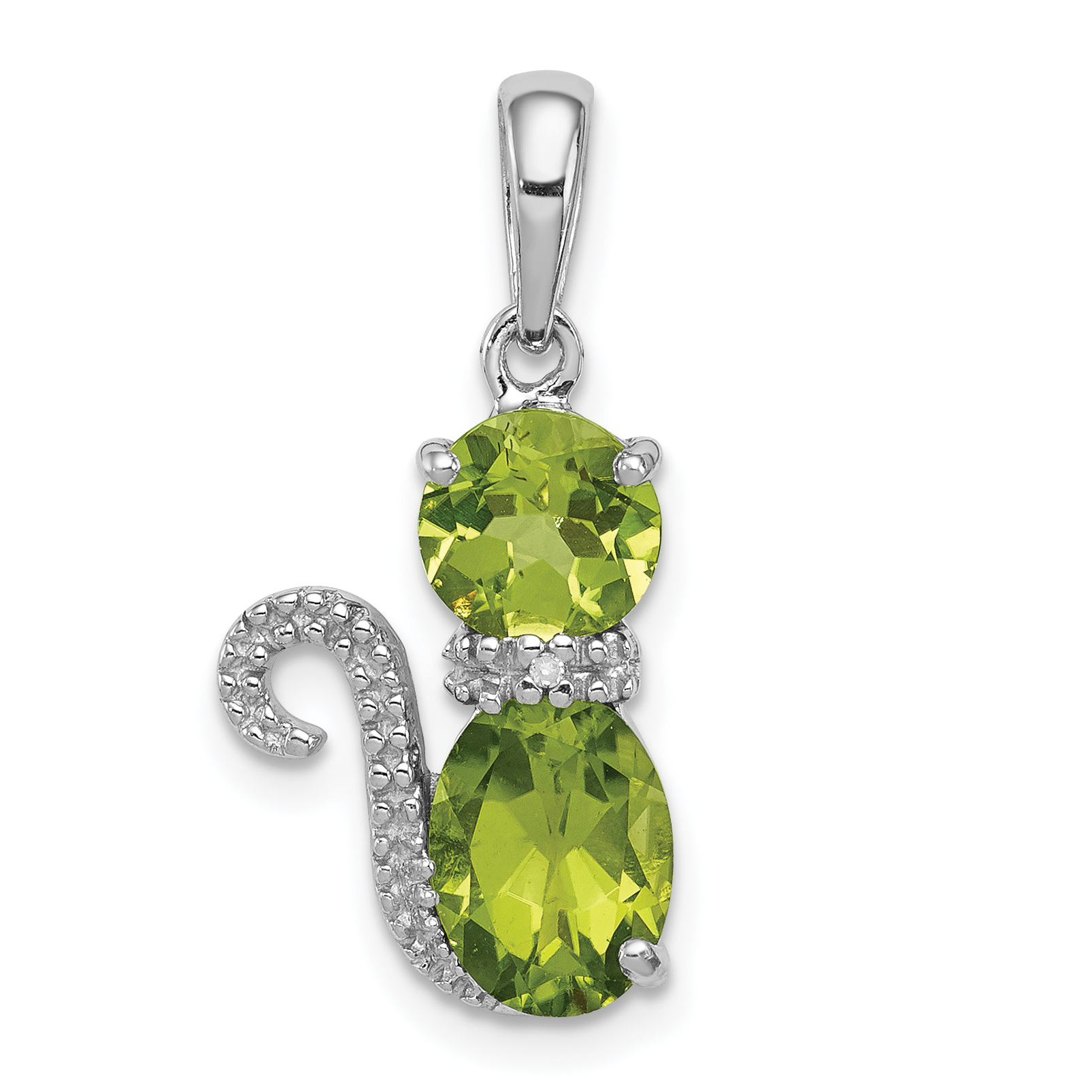 Sterling Silver Rhodium-plated Peridot and Diamond Cat Pendant (QP4551PE)
