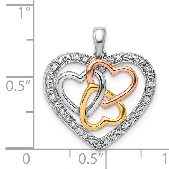 Sterling Silver Rhodium w/White, Yellow, & Rose Gold Plating Diamond Heart Pendant