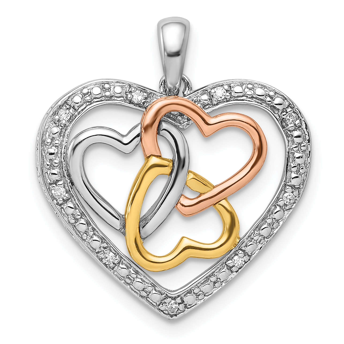 Sterling Silver Rhodium w/White, Yellow, & Rose Gold Plating Diamond Heart Pendant (QP4582)