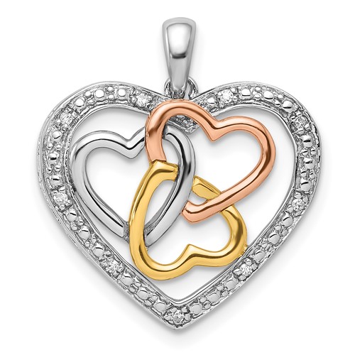 Sterling Silver Rhodium Pendant with White, Yellow, & Rose Gold Plating Diamond Heart