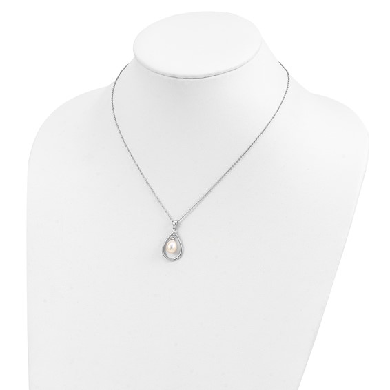 Sterling Silver Rhodium-plated 7-8mm White Teardrop Freshwater Cultured Pearl 17 inch Necklace