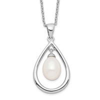 Sterling Silver Rhodium-plated 7-8mm White Teardrop Freshwater Cultured Pearl Necklace, 17" view 1