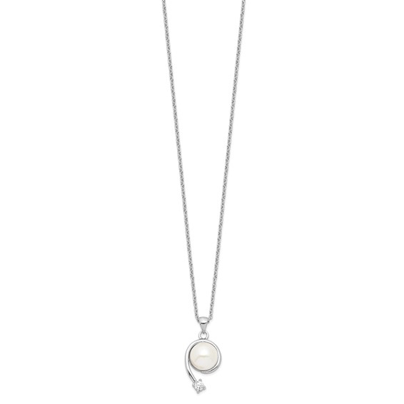 Sterling Silver Rhodium-plated 8-9mm White Button Freshwater Cultured Pearl and CZ 17 inch Necklace