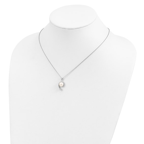 Sterling Silver Rhodium-plated 8-9mm White Button Freshwater Cultured Pearl and CZ 17 inch Necklace