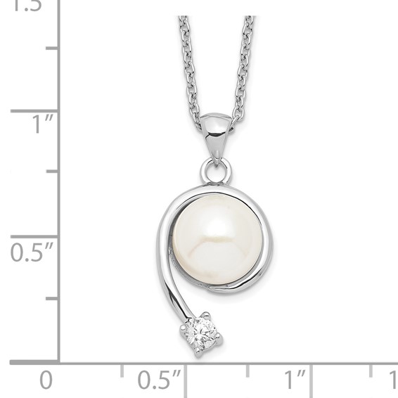 Sterling Silver Rhodium-plated 8-9mm White Button Freshwater Cultured Pearl and CZ 17 inch Necklace
