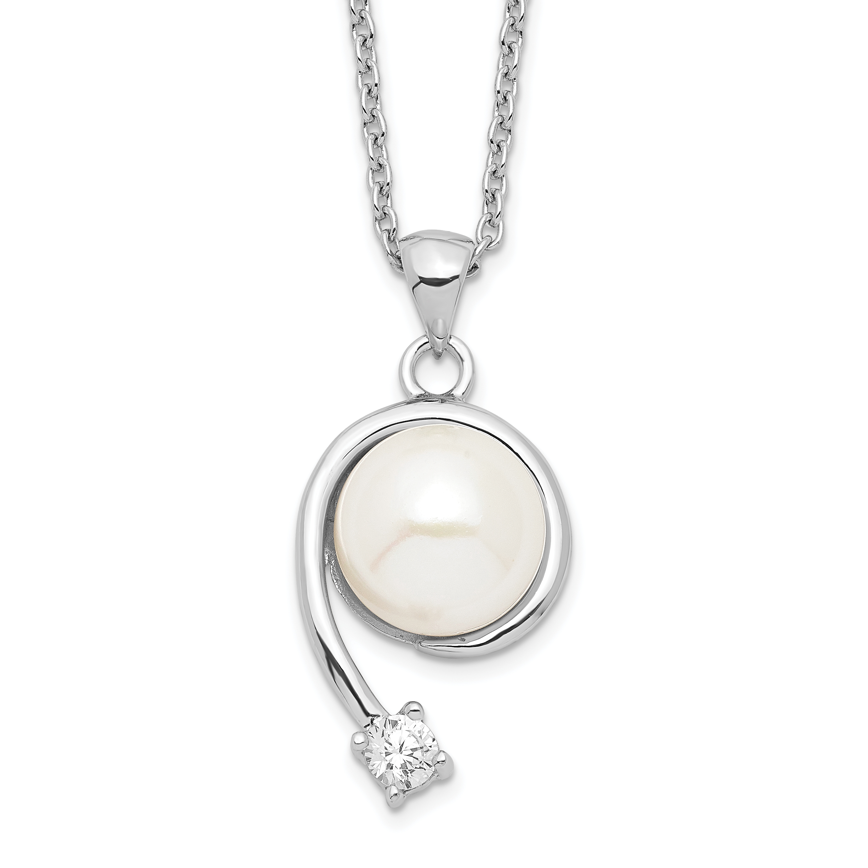 Sterling Silver Rhodium-plated 8-9mm White Button Freshwater Cultured Pearl and CZ 17 inch Necklace (QP4629)