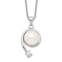 Sterling Silver Rhodium-plated 8-9mm White Button Freshwater Cultured Pearl and CZ Necklace - 17in view 1