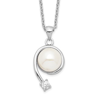 Sterling Silver Rhodium-plated 8-9mm White Button Freshwater Cultured Pearl and CZ 17 inch Necklace