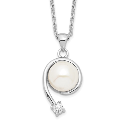 Sterling Silver Rhodium-plated 8-9mm White Button Freshwater Cultured Pearl and CZ Necklace, 17"