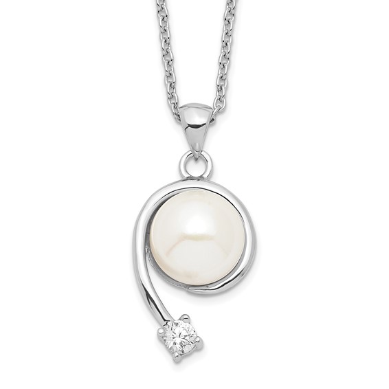 Sterling Silver Rhodium-plated 8-9mm White Button Freshwater Cultured Pearl and CZ 17 inch Necklace