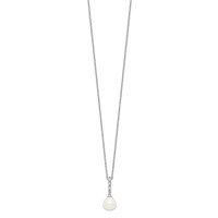 Sterling Silver Rhodium-plated 7-8mm White Teardrop Freshwater Cultured Pearl and CZ Necklace, 17" view 2