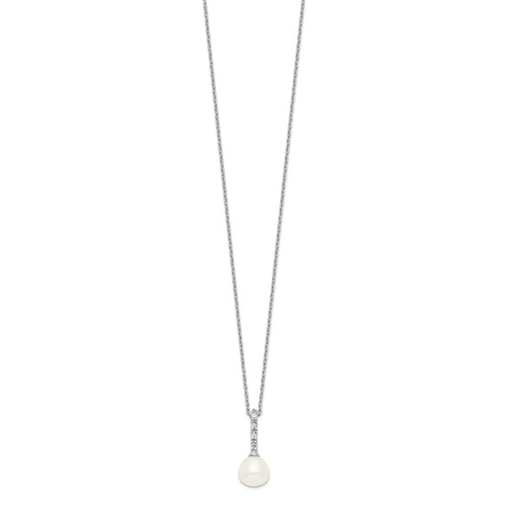 Sterling Silver Rhodium-plated 7-8mm White Teardrop Freshwater Cultured Pearl and CZ 17 inch Necklace