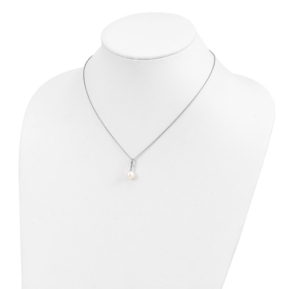 Sterling Silver Rhodium-plated 7-8mm White Teardrop Freshwater Cultured Pearl and CZ 17 inch Necklace