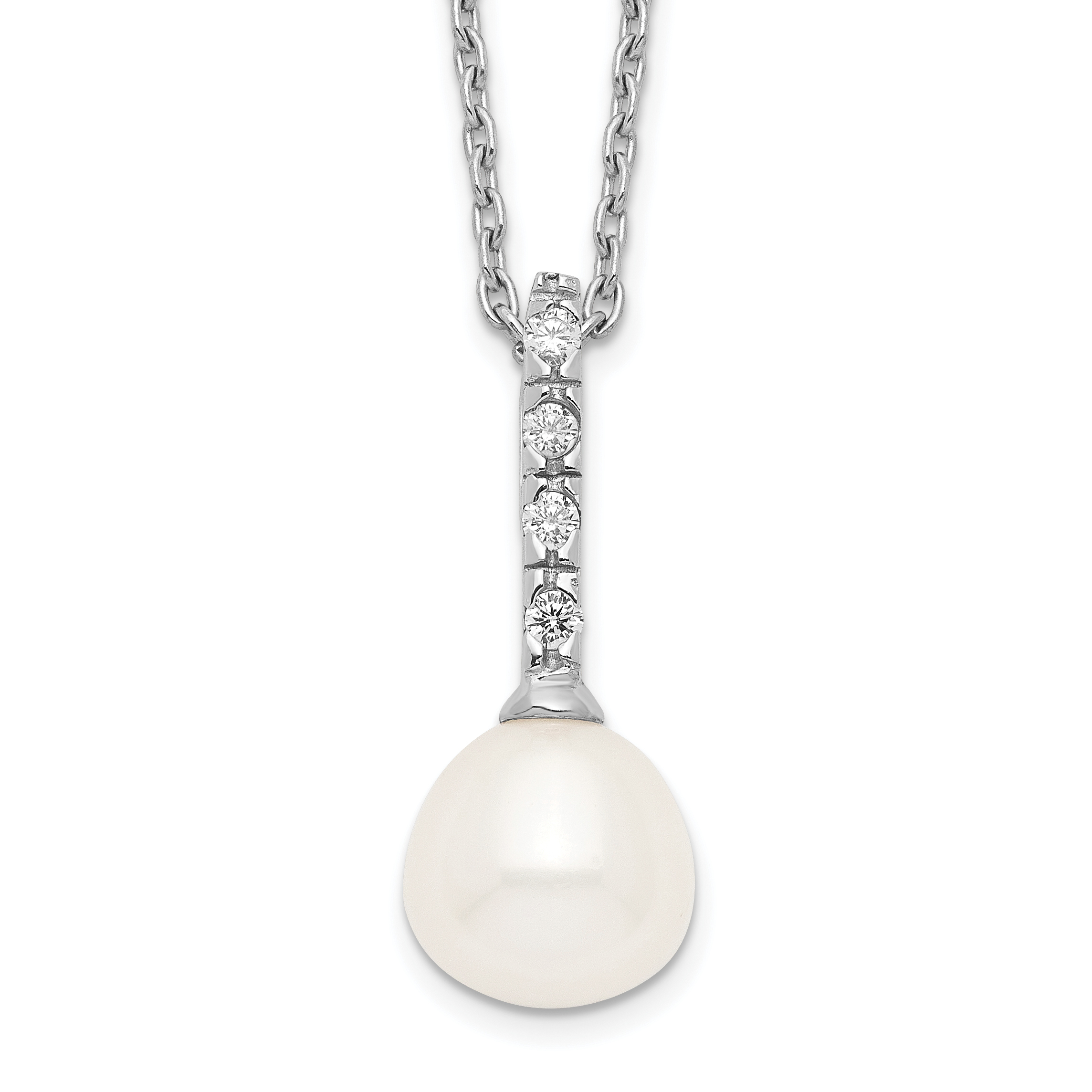 Sterling Silver Rhodium-plated 7-8mm White Teardrop Freshwater Cultured Pearl and CZ 17 inch Necklace (QP4630)