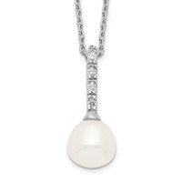 Sterling Silver Rhodium-plated 7-8mm White Teardrop Freshwater Cultured Pearl and CZ Necklace, 17" view 1