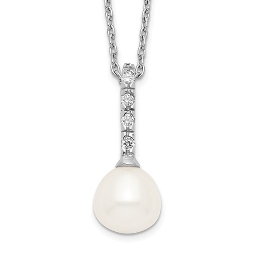 Sterling Silver Rhodium-plated 7-8mm White Teardrop Freshwater Cultured Pearl and CZ Necklace, 17"