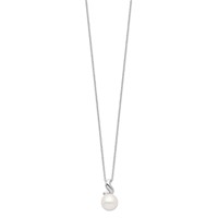 Sterling Silver Rhodium-plated 9-10mm White Button Freshwater Cultured Pearl and CZ Necklace, 17" view 2