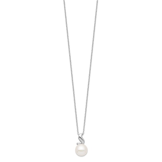 Sterling Silver Rhodium-plated 9-10mm White Button Freshwater Cultured Pearl and CZ 17 inch Necklace