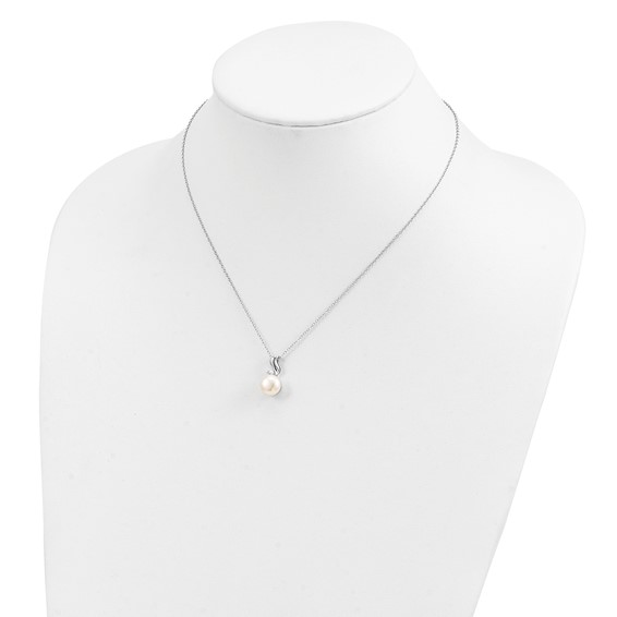 Sterling Silver Rhodium-plated 9-10mm White Button Freshwater Cultured Pearl and CZ 17 inch Necklace