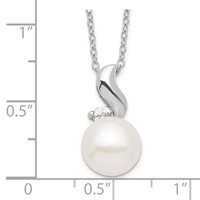 Sterling Silver Rhodium-plated 9-10mm White Button Freshwater Cultured Pearl and CZ Necklace, 17" view 3