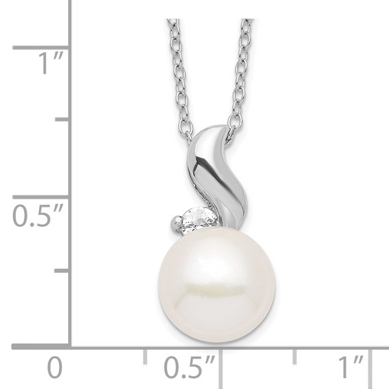 Sterling Silver Rhodium-plated 9-10mm White Button Freshwater Cultured Pearl and CZ 17 inch Necklace