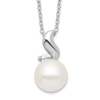 Sterling Silver Rhodium-plated 9-10mm White Button Freshwater Cultured Pearl and CZ Necklace, 17" view 1