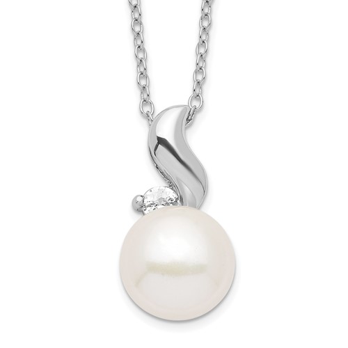 Sterling Silver Rhodium-plated 9-10mm White Button Freshwater Cultured Pearl and CZ Necklace, 17"