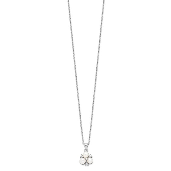 Sterling Silver Rhodium-plated 5-6mm White Button Freshwater Cultured 3-Pearl and CZ 17 inch Necklace