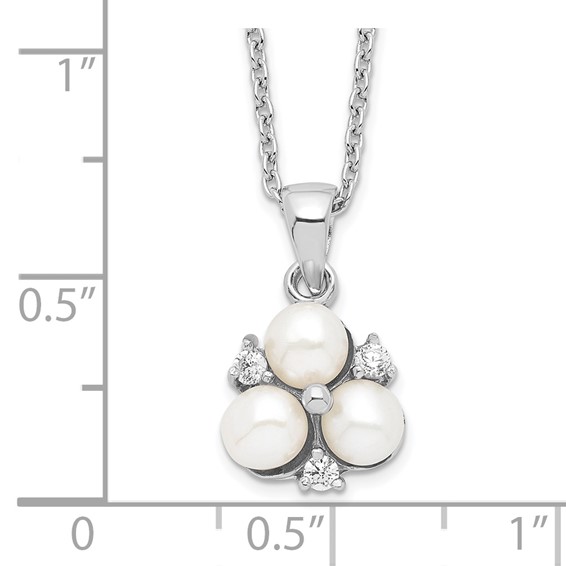 Sterling Silver Rhodium-plated 5-6mm White Button Freshwater Cultured 3-Pearl and CZ 17 inch Necklace