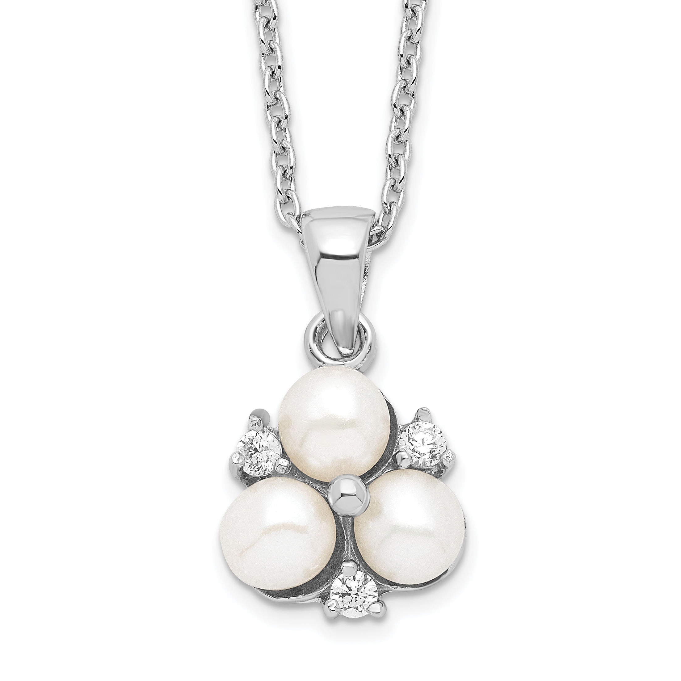 Sterling Silver Rhodium-plated 5-6mm White Button Freshwater Cultured 3-Pearl and CZ 17 inch Necklace (QP4633)