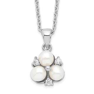 Sterling Silver Rhodium-plated 5-6mm White Button Freshwater Cultured 3-Pearl and CZ 17 inch Necklace