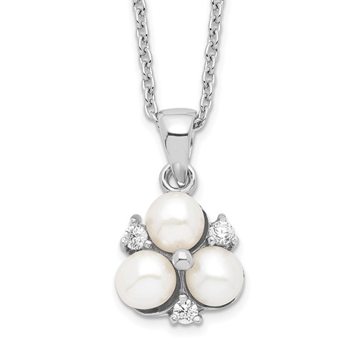 Sterling Silver Rhodium-plated 5-6mm White Button Freshwater Cultured 3-Pearl and CZ Necklace, 17"
