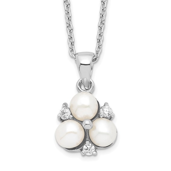 Sterling Silver Rhodium-plated 5-6mm White Button Freshwater Cultured 3-Pearl and CZ 17 inch Necklace