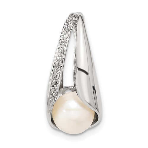 Sterling Silver Pendant with CZ 7-8mm FW Cultured Button Pearl