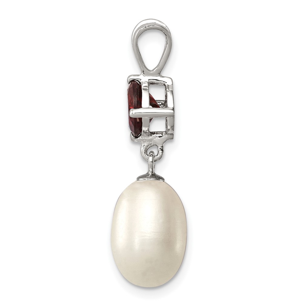 Sterling Silver Rhodium-plated 8-9mm White Teardrop Freshwater Cultured Pearl and 1.00GA Garnet Pendant (QP4641)