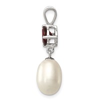 Sterling Silver Rhodium-plated 8-9mm White Teardrop Freshwater Cultured Pearl and 1.00GA Garnet Pendant view 2