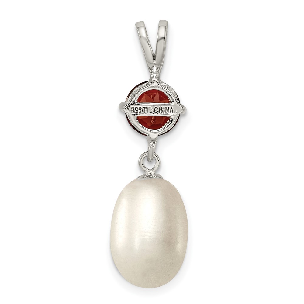 Sterling Silver Rhodium-plated 8-9mm White Teardrop Freshwater Cultured Pearl and 1.00GA Garnet Pendant (QP4641)