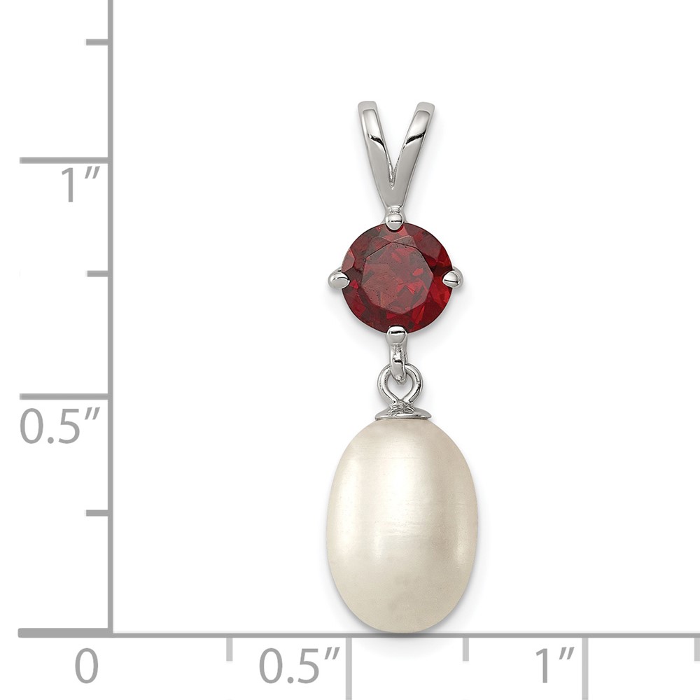 Sterling Silver Rhodium-plated 8-9mm White Teardrop Freshwater Cultured Pearl and 1.00GA Garnet Pendant (QP4641)